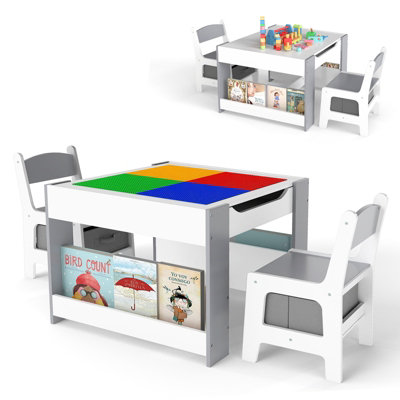 GAINOOM Kids Gray Table and 2 Chairs Set Multifunctional Activity Table