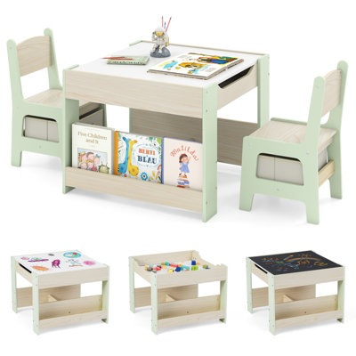 GAINOOM Kids Green Table & Chairs Set 4 in 1 Toddler Activity Table ...