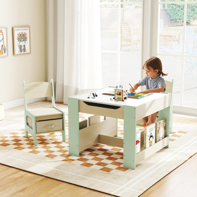 GAINOOM Kids Green Table & Chairs Set 4 in 1 Toddler Activity Table ...