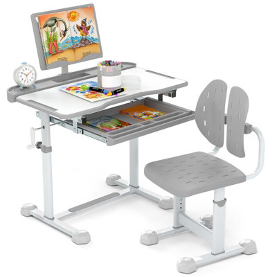 GAINOOM Kids Grey Study Desk & Chair Set Height-Adjustable Children ...