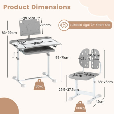 GAINOOM Kids Grey Study Desk & Chair Set Height-Adjustable Children ...