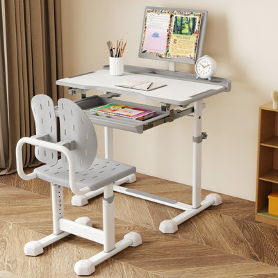 GAINOOM Kids Grey Study Desk & Chair Set Height-Adjustable Children ...
