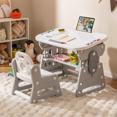 GAINOOM Kids Grey Table and Chair Set Height Adjustable Toddler Drawing ...