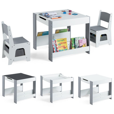 GAINOOM Kids Grey Table and Chairs Set Toddler Wooden Activity Desk w ...