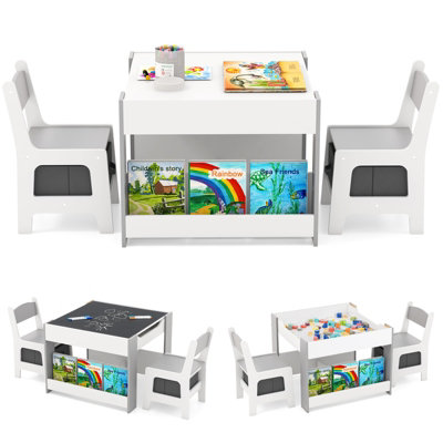GAINOOM Kids Grey Table & Chairs Set 4 in 1 Toddler Activity Table Playroom