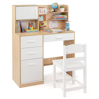 GAINOOM Kids Natural Desk and Chair Set Wooden Children Writing Table ...