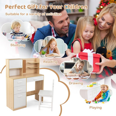 GAINOOM Kids Natural Desk and Chair Set Wooden Children Writing Table ...