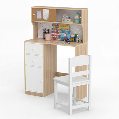 GAINOOM Kids Natural Desk and Chair Set Wooden Study Desk with 2 ...