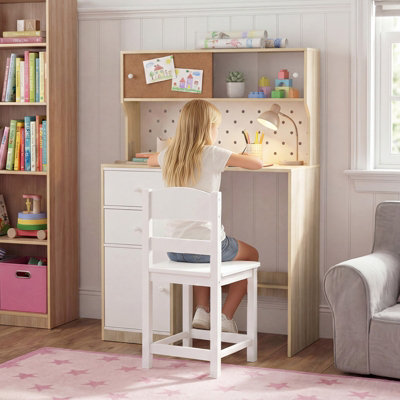 GAINOOM Kids Natural Desk and Chair Set Wooden Study Desk with 2 ...