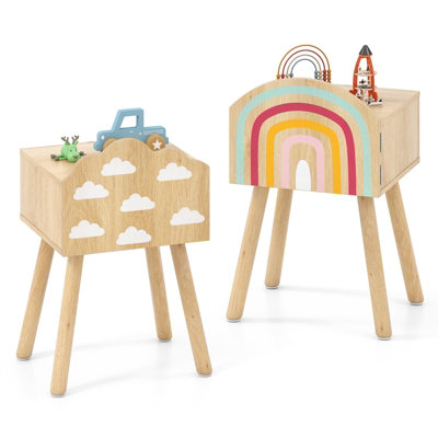 GAINOOM Kids Natural Nightstand Set of 2 Cute End Tables with Rainbow Patterns