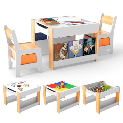 GAINOOM Kids Natural Table and 2 Chairs Set Multifunctional Activity Table