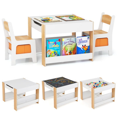 GAINOOM Kids Natural Table & Chairs Set 4 in 1 Toddler Activity Table ...