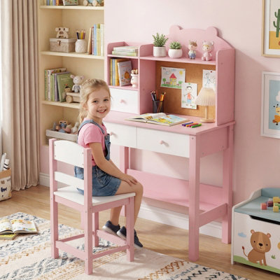 GAINOOM Kids Pink Desk and Chair Set Wooden Children Study Table ...