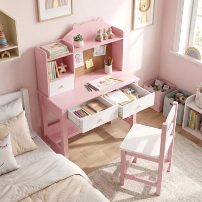 GAINOOM Kids Pink Desk and Chair Set Wooden Children Study Table ...