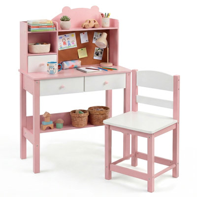 GAINOOM Kids Pink Desk and Chair Set Wooden Children Study Table ...