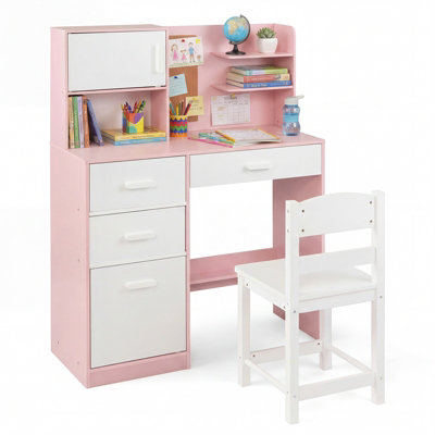 GAINOOM Kids Pink Desk and Chair Set Wooden Children Writing Table ...