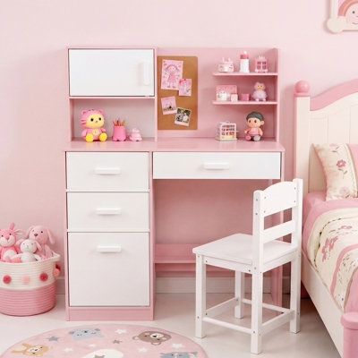 GAINOOM Kids Pink Desk and Chair Set Wooden Children Writing Table ...