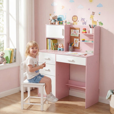 GAINOOM Kids Pink Desk and Chair Set Wooden Children Writing Table ...