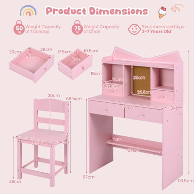 GAINOOM Kids Pink Study Desk and Chair Set Student Writing Table with ...