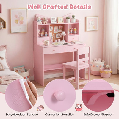 GAINOOM Kids Pink Study Desk and Chair Set Student Writing Table with ...