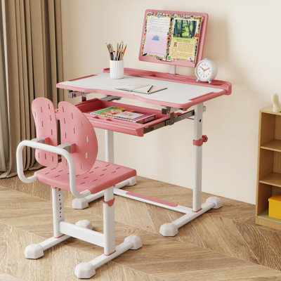 GAINOOM Kids Pink Study Desk & Chair Set Height-Adjustable Children ...