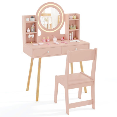GAINOOM Kids Pink Vanity Set Princess Vanity Desk Set with 2-Color LED ...