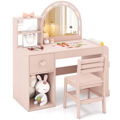 GAINOOM Kids Pink Vanity Table and Chair Set Girls Vanity Set w ...