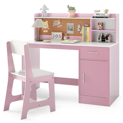 GAINOOM Kids Study Desk and Chair Set Wooden Children Writing Table-Pink