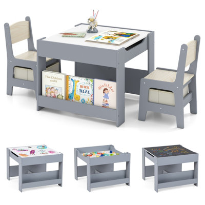 GAINOOM Kids Table & Chairs Set Grey 4 in 1 Toddler Activity Table Playroom