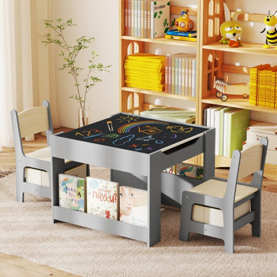 GAINOOM Kids Table & Chairs Set Grey 4 in 1 Toddler Activity Table Playroom