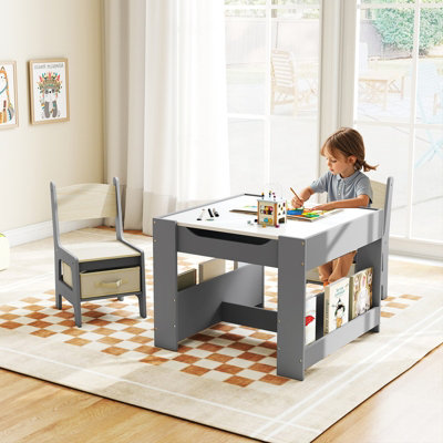 GAINOOM Kids Table & Chairs Set Grey 4 in 1 Toddler Activity Table Playroom