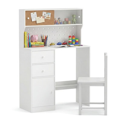 GAINOOM Kids White Desk and Chair Set Wooden Study Desk with 2 Cabinets ...