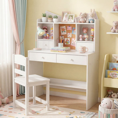 GAINOOM Kids White Study Desk and Chair Set Student Writing Table with ...