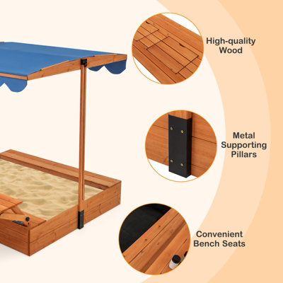 GAINOOM Kids Wooden Natural Sand Box Outdoor Sand Pit w/ Lid Cover