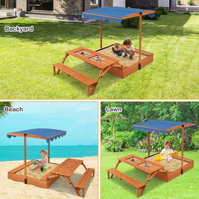 GAINOOM Kids Wooden Natural Sand Box Outdoor Sand Pit w/ Lid Cover