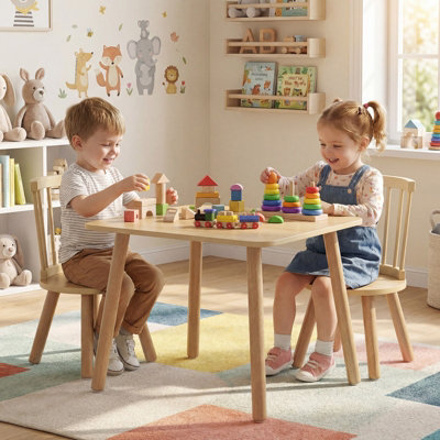GAINOOM Kids Wooden Table and Chairs Set Natural 3-Piece Toddler ...