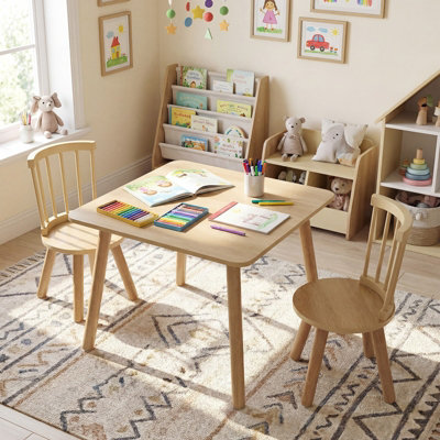 GAINOOM Kids Wooden Table and Chairs Set Natural 3-Piece Toddler ...