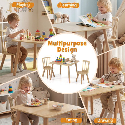 GAINOOM Kids Wooden Table and Chairs Set Natural 3-Piece Toddler ...