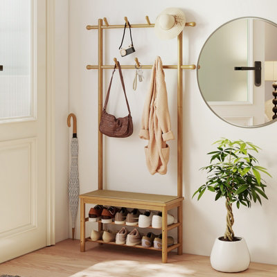 GAINOOM Natural Bamboo Coat Rack PE Rattan Hall Tree with Bench & Shoe ...