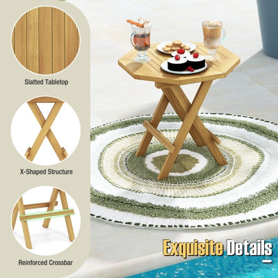 GAINOOM Natural Outdoor Patio Folding Side Table Teak Wood Octagon