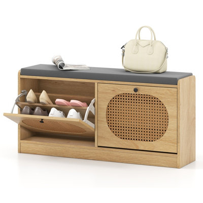 GAINOOM Natural Shoe Storage Bench with Cushion Entryway Rattan Shoe Bench