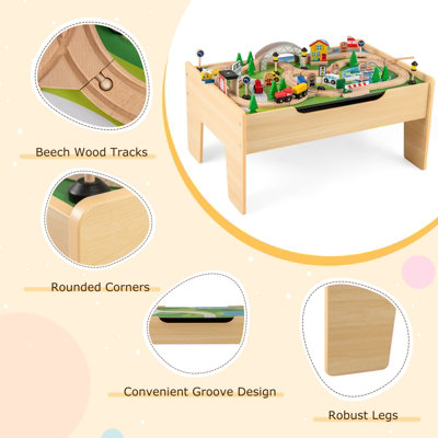 GAINOOM Natural Wooden Train Table 78 Pieces Kids Activity Railway Playset
