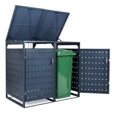 GAINOOM Outdoor Metal Garbage Bin Storage Shed for 2 Trash Cans Double ...