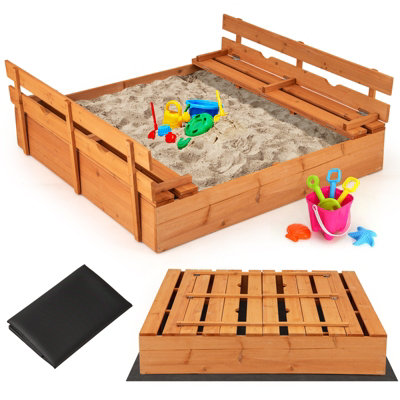 GAINOOM Outdoor Natural Kids Wooden Sandbox with Foldable Bench Seats ...