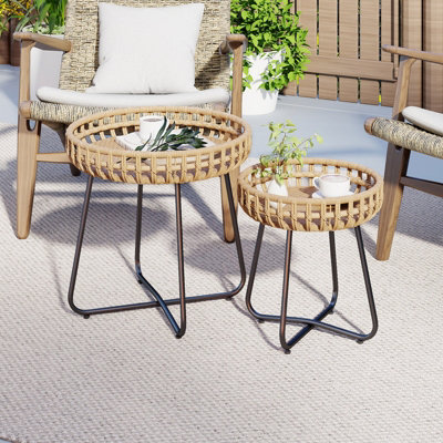 GAINOOM Outdoor Round Side Table Set of 2 in Different Sizes PE Wicker ...