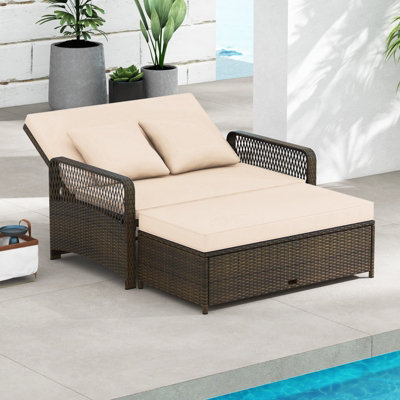 GAINOOM Patio Rattan Daybed 2-Piece Outdoor Wicker Loveseat Sofa Furniture