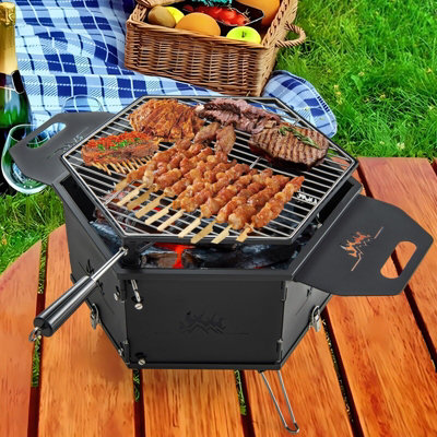 GAINOOM Portable Black Charcoal Grill Stove Rotatable Outdoor Hibachi Grill Smoker