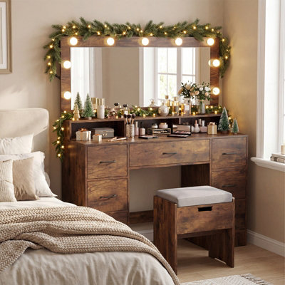 GAINOOM Rustic Brown Vanity Desk with Mirror and Lights Makeup Table with Power Outlets