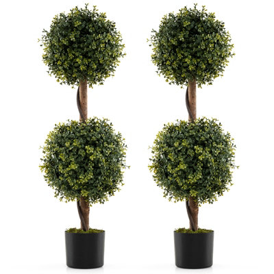 GAINOOM Set of 2 Green Artificial Double Topiary Ball Trees w/Solid ...