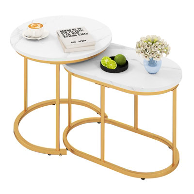 GAINOOM Set of 2 White Nesting Coffee Table Modern Side Tables w/Faux ...
